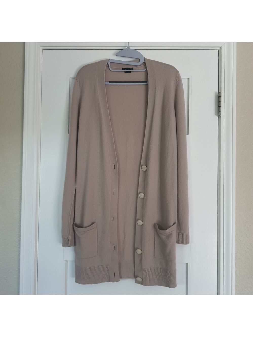 Theory Alvina Cashmere Long Cardigan Womens M Beige Button Ribbed Trim